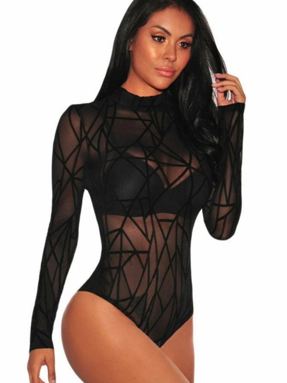 Women Black Sheer Mesh Lace Jumpsuit Long Sleeve Top Shirt Turtleneck Bodysuit